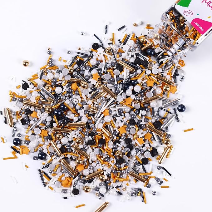 Black Sprinkles for Cake Decorating, 3.52oz Graduation Candy Sprinkles, Metallic Gold and Silver Sugar Candy for Cupcakes Baking Ice Cream Cookies, Wedding Birthday Party Decorations