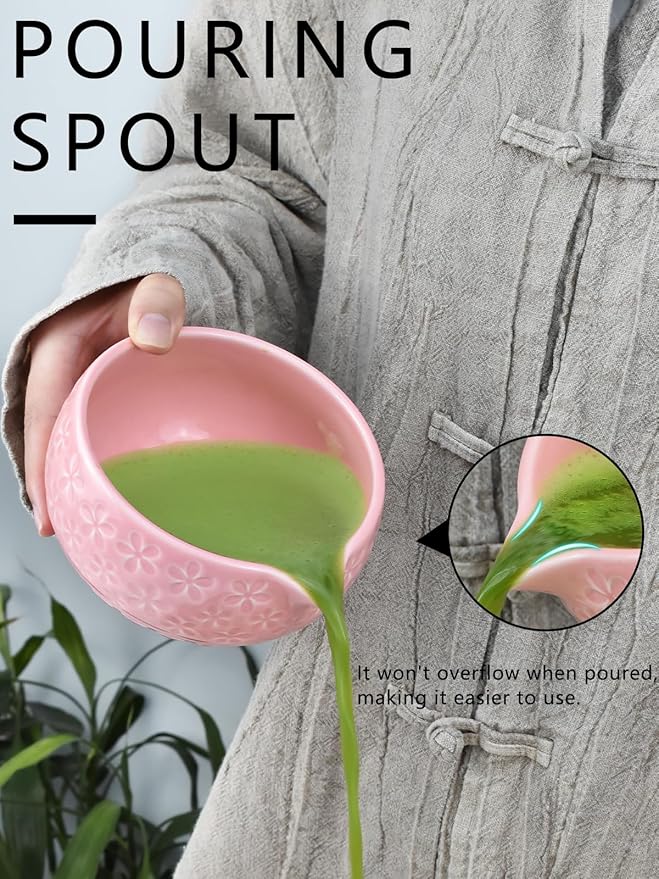 Artcome Matcha Tea Set – Pink Sakura Embossed Ceramic Bowl 17oz with Bamboo Whisk, Whisk Holder, Strainer, Scoop, Tea Spoon, Cloth – Complete Japanese Matcha Kit for Tea Ceremony & Gift
