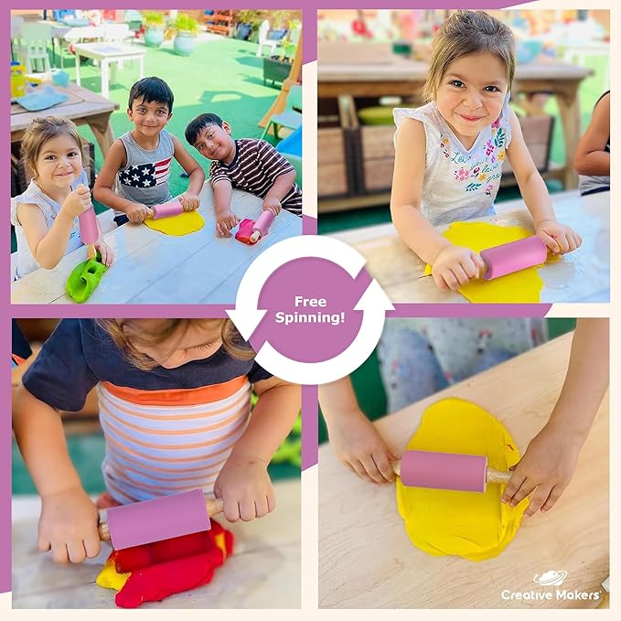 Small Rolling Pin for Kids, Non-Stick Silicone Surface with Wooden Handles for Play Dough and Baking Rolling Pin (Bright Purple)