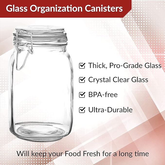 Set of 3 Mason Jars with Lid (1 Liter) | Airtight Glass Storage Containers for Food, Flour, Pasta, Coffee, Candy, Dog Treats, Snacks & More | Glass Organization Canisters | 34 Ounces