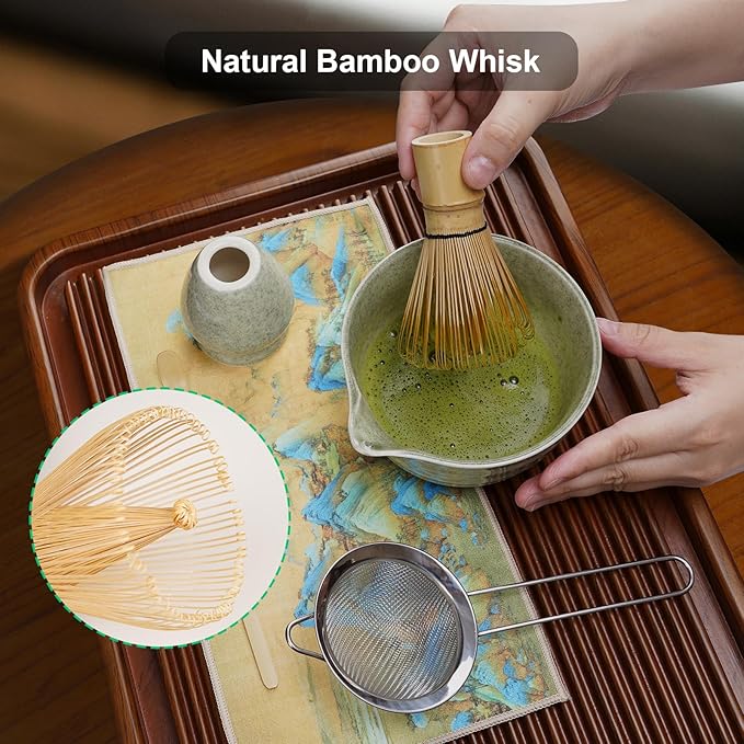 Matcha Whisk Set, 8pcs Matcha Set Ceremonial Grade Macha Kit Includes Bowl with Spout/Chashen Holder/Bamboo Whisk/Bamboo Scoop/Spoon/Sifter, Ideal Gift for Macha Lovers to Enjoy Making Tea