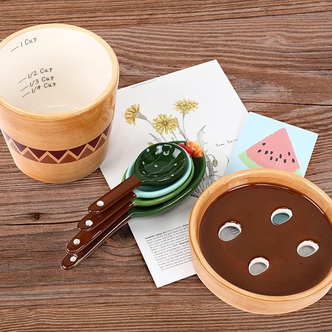 5 Pieces Measuring Spoons Set/Ceramics Spoons and Measuring Base Cup/for Dry and Liquid Ingredient, Cute Cactus Shape (Wave base)