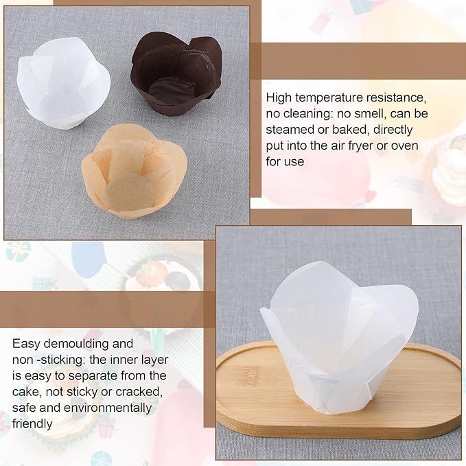 300 Pcs Lotus Tulip Cupcake Liners Baking Muffin Paper Baking Cups Cupcake Liners Holders Cupcake Wrapper for Party, Wedding, Birthday, Christmas, Baby Showers, 3 Colors