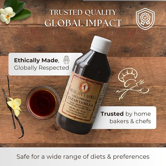 Pure Clear Mexican Vanilla Extract (8.12 fl oz) – Gluten-Free, Coumarin-Free Vanilla for Baking, Cakes, Cookies, Coffee & Desserts – Cold Pressed, Natural Vanilla