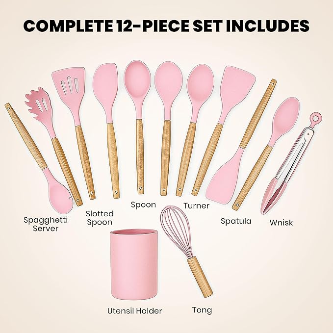Pink Silicone Kitchen Utensil Set 12-Piece – Heat Resistant Cooking Tools with Wooden Handles, Non-Stick Spatula, Spoon, Whisk, Tongs, and Holder