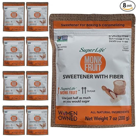 Super Life Monk Fruit Sweetener with Fiber – Low-Glycemic Index, Erythritol-Free Sugar Alternative for Baking, Beverages & Caramelizing | Non-GMO, Low-Calorie, Keto Diet Friendly – 7oz / 200g (8-Pack)