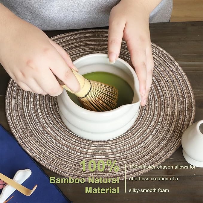 White Matcha Whisk Set, Ceramic Matcha Kit Set Includes Matcha Bowl, Matcha Whisk and Holder, Bamboo Scoop, Scoop Rest, Sifter and Tea Towel - 7 Pcs Matcha Kit for Matcha Lovers