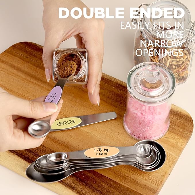 Pack of 8 Stainless Steel Magnetic Measuring Spoons Set, Dual Sided, Stackable, Adjustable Teaspoon and Tablespoon Measure Spoon with Leveler, Kitchen Gadgets