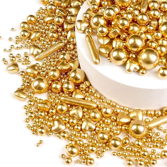 Gold Pearl Heart Sprinkles, Pearls Sprinkles For Cake Decorating, 150g/5.29oz Mix Size Sugar, Donuts, Cakes, Wedding Party, Christmas Supplies, Foodgrade Decorating, Edible Pearls