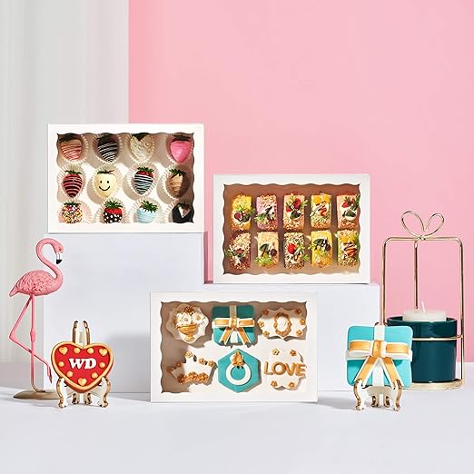 12PCS 10 x 7 x 2.5 inches Premium Fancy White Strawberry Boxes, Cookie Boxes, Elegant White Bakery Box with Display Window