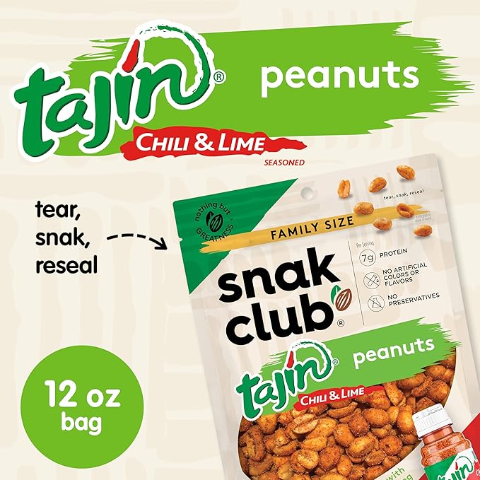 Snak Club Tajin Peanuts, Roasted Nuts with Chili and Lime Seasoning, Mild, Gluten-Free and Kosher Snacks, No Artificial Colors or Flavors, No Preservatives, 12 oz Resealable Bag