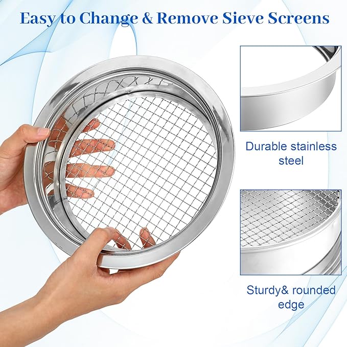 Multi-Purpose Soil Sifter for Gardening Stainless Steel 9.44”, 5 Pcs Stainless Steel Soil Sieve Mesh (1,3,6,9,12mm), Stackable Sifting Screen Pan for Bonsai Sand Rock Dirt Compost Sifter
