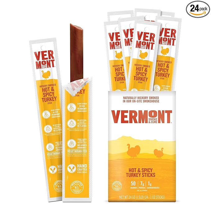 Vermont Smoke & Cure - Hot & Spicy Turkey Protein Snack - Portable Meat Snack for Adults & Kids - Smoky Chili Turkey Sticks - Individually Wrapped Jerky Snacks 1oz - 24 Count