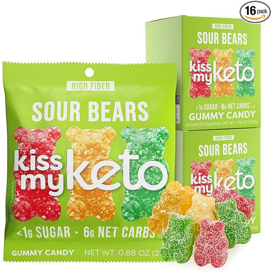 Kiss My Keto Sour Sugar Free Gummy Bears, 16-Pack – Satisfy Cravings while Staying in Ketosis – High Fiber, 6g Net Carbs, Non-GMO, Vegan, & No Gluten – Fruity Sugar Free Gummies
