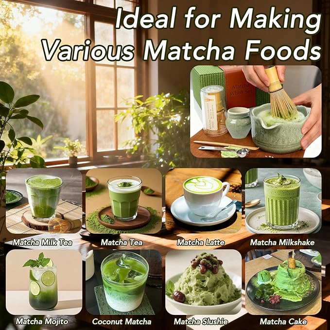 8Pcs Matcha Whisk Set, Matcha Set Includes Ceramic Matcha Bowl, Whisk and Holder, Bamboo Scoop, Scoop Rest, Sifter, Measuring Spoons and Tea Towel Tea Kit Gift Set for Women (Green)