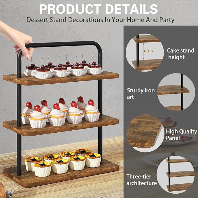 IBUYKE Wood Cupcake Stand,3 Tier Dessert Stand,Cupcake Stand for 50 Cupcakes,Cupcake Tower Dessert Display Stand for Party, Christmas, Wedding, Baby Shower, Serving Tray,Rustic Brown UTLJ013H