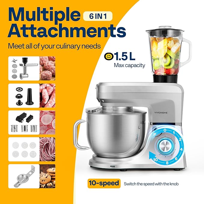 VIVOHOME 6 in 1 Multifunctional Stand Mixer with 8.5 Quart Stainless Steel Bowl, 660W 10 Speed Tilt-Head Meat Grinder, Juice Blender, Vegetable Slicer, Pasta and Cookie Maker, Silver
