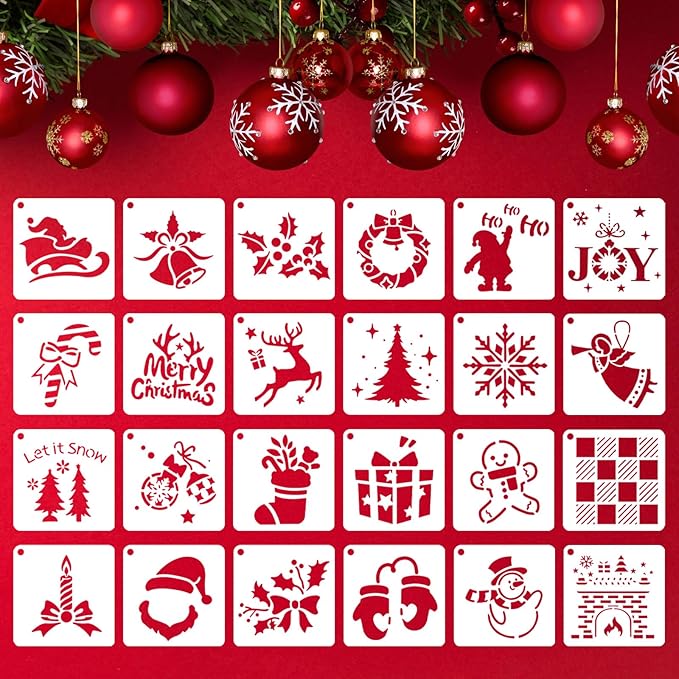 24 Pcs Small Christmas Stencils, 3" Christmas Stencils for Painting On Wood, Reusable Snowflake Santa Claus Christmas Tree Drawing Painting Holiday Stencil for DIY Card Craft Home Decor