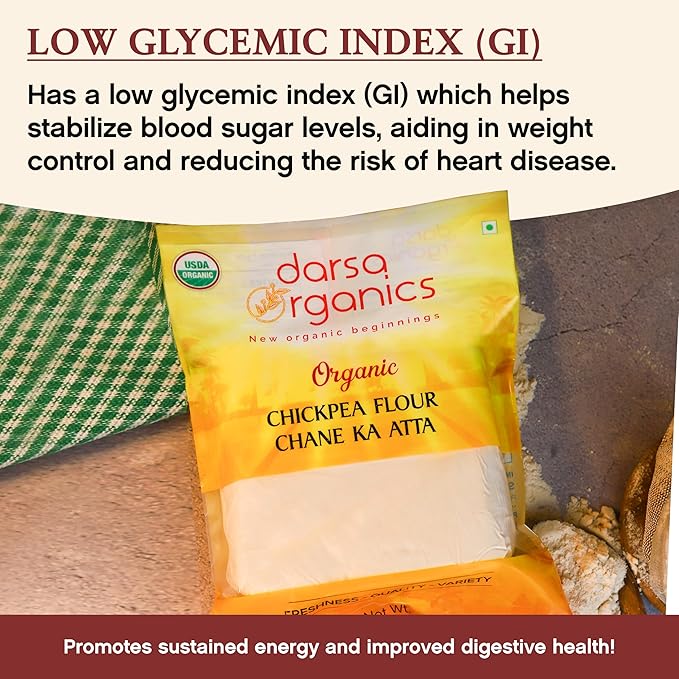 Darsa Organics Chickpea Flour, 2 lb - Premium Grade USDA Organic Certified Garbanzo Bean Flour, Besan for Cooking, Chane Ka Atta, Baking & Vegan Recipes, Gluten-Free, Non-GMO, Chemical-Free, Kosher, Vacuum-Sealed for lasting freshness