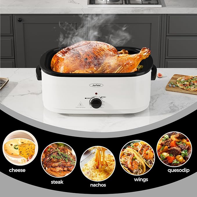 Sunvivi 22 Quart Electric Roaster with Visible & Self-Basting Lid, 30 lb Electric Turkey Roaster Oven with Removable Pan, Large Roaster with Removable Rack and Cool-Touch Handles, White