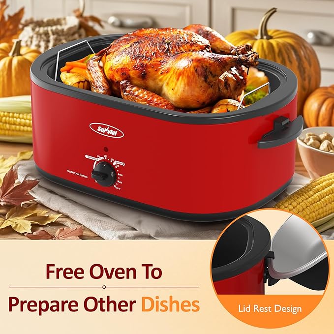 Sunvivi Roaster Oven, 24 Quart Electric Roaster Oven with Glass Lid, Turkey Roaster Buffet with Self-Basting Lid, Removable Pan, Cool-Touch Handles, Red