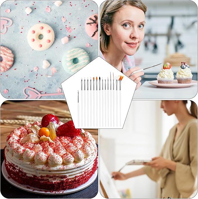 Aster 15Pcs Cake Decorating Brushes, Cake Painting Brushes Kit Food Safe Paint Brushes Multiple Function Cookie Brushes Fondant Sugar DIY Tool Set Candy Icing Pastry Brush for Baking(White)