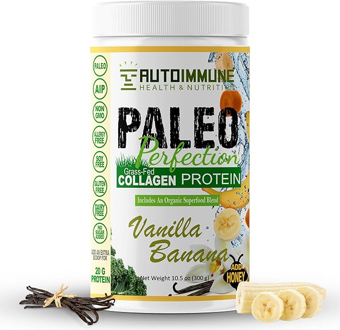 Paleo Perfection Vanilla Banana Grass Fed Beef Collagen Protein Powder without Stevia - Paleo, Keto, SCD, AIP Protein Powder with Apple Fiber, Carrot & Broccoli - 300g Protein Powder & Superfood Blend