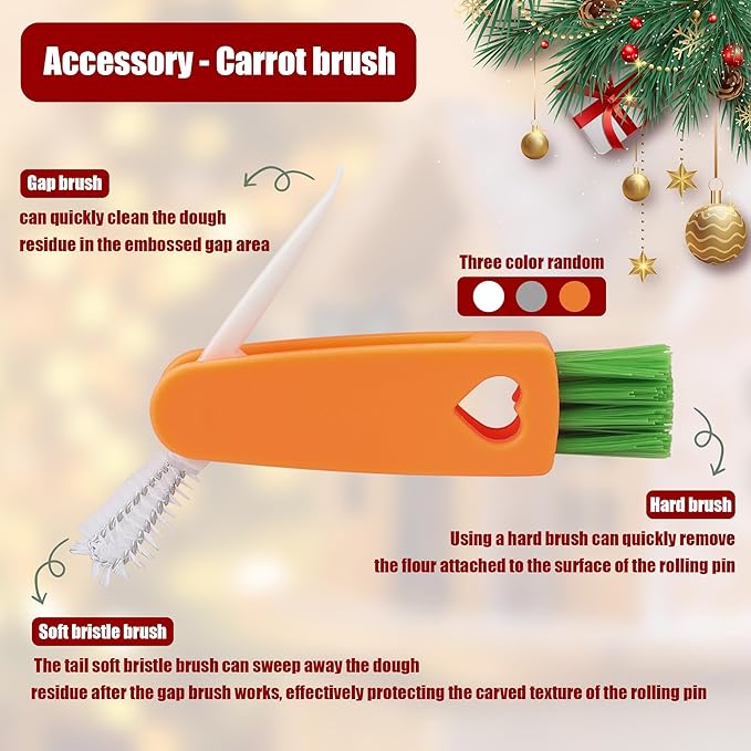 17" Premium Wooden Rolling Pins for Baking with Reindeer Embossed Designs | 3mm Deep Springerle Cookie Molds | Christmas Rolling Pin & Baking Gifts for Women | Includes 3-in-1 Cleaning Brush