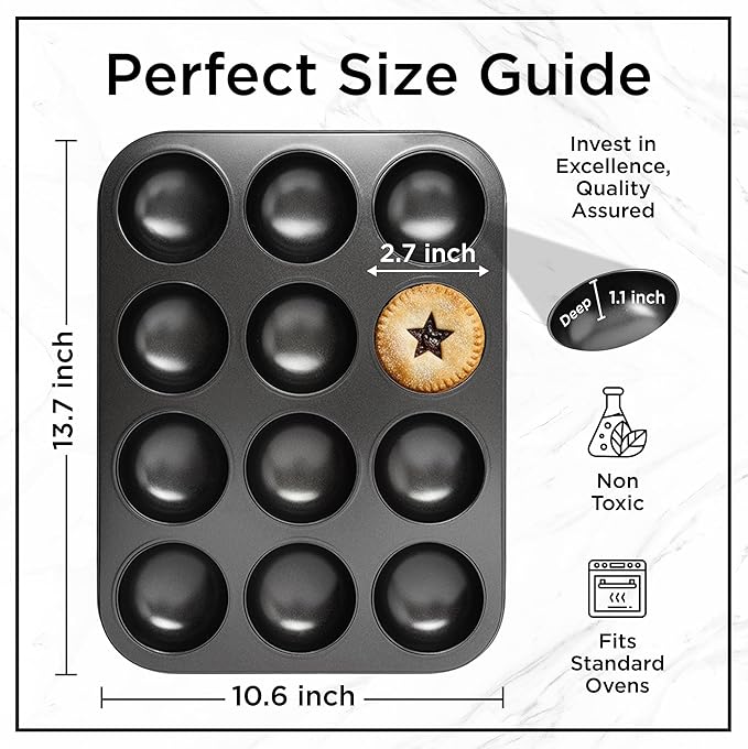 Mince Pie Baking Pan 12 Cup - Jam Tart Pan - Commercial Grade Premium Non Stick Carbon Steel - Food Safe Easy Clean Shallow Patty Tins for Baking Tart Tray