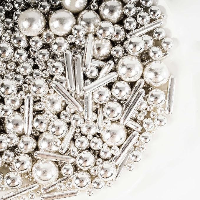 Kasvan Silver Pearl Sugar Sprinkles - Edible Candy Pearls 130g/4.58 Oz, Mix Size, Baking Cake Decorations, Ice Cream Toppings and Cookie Decorating, Wedding Party Chirstmas Supplies (Silver）