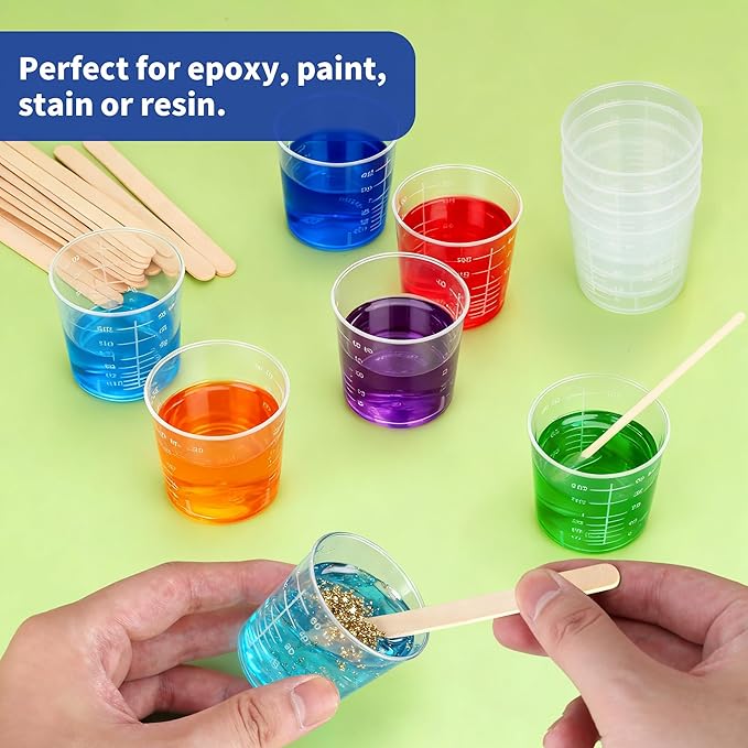 200 Pcs disposable measuring cups for resin, 2oz/60ml Plastic Graduated Cups with 200 Pcs Wooden Stirring Sticks, Clear Scale Cup for Liquid, Medicine