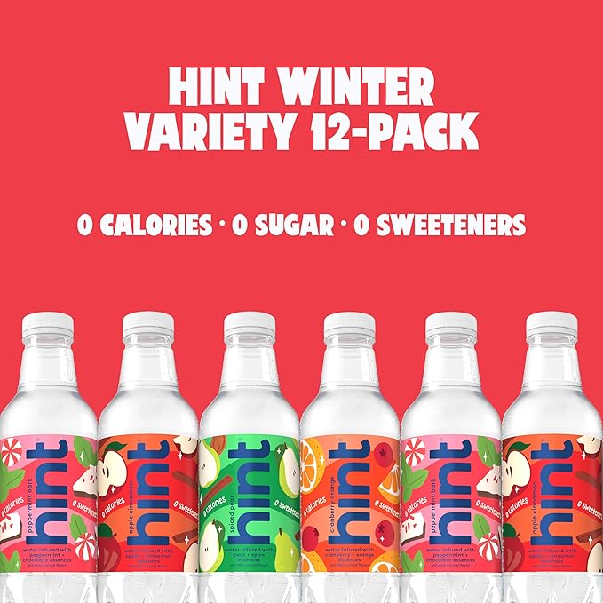 Hint Fruit-Infused Bottled Water, Winter Variety Pack - Sugar Free Flavored Water with Zero Calories, Naturally Flavored, and No Artificial Sweeteners - 16 Fl Oz (Pack of 24)