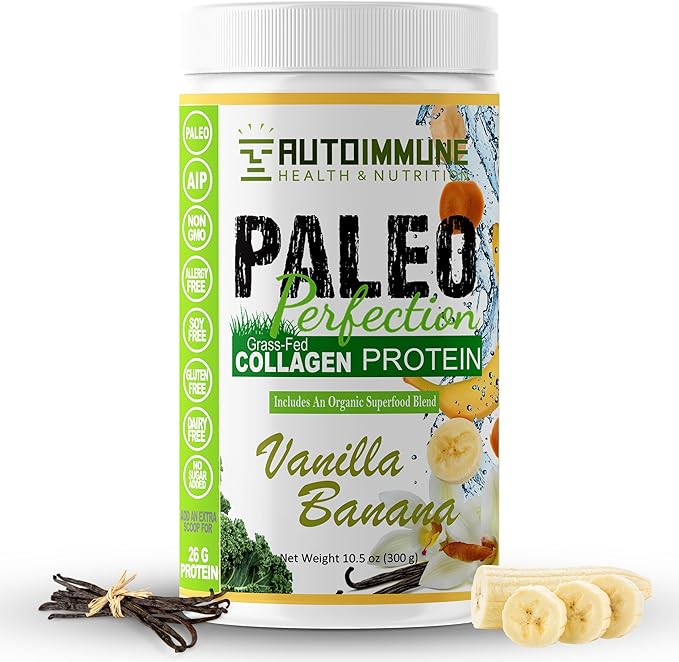 Paleo Perfection Vanilla Banana Grass Fed Beef Collagen Protein Powder with Stevia - Paleo, Keto, SCD, AIP Protein Powder with Apple Fiber, Carrot & Broccoli - 300g Protein Powder & Superfood Blend