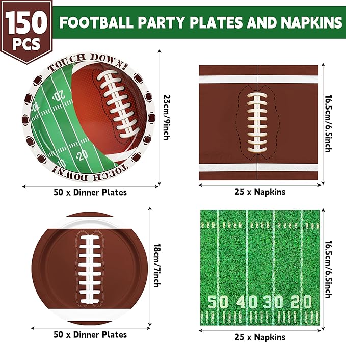 200PCS Football Plates and Napkins Party Decorations - Football Birthday Party Supplies Kit Serve 50, Football Party Favors Set Includes Plates, Napkins, Soccor Chrismas Birthday Gifts