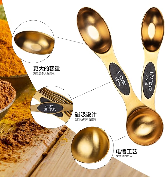 Gold Measuring Spoon Measuring Spoon Magnet Stainless Steel Colorful Double End Measuring Spoons Set of 9 Seasoning Spoon Baking Kitchen Tools