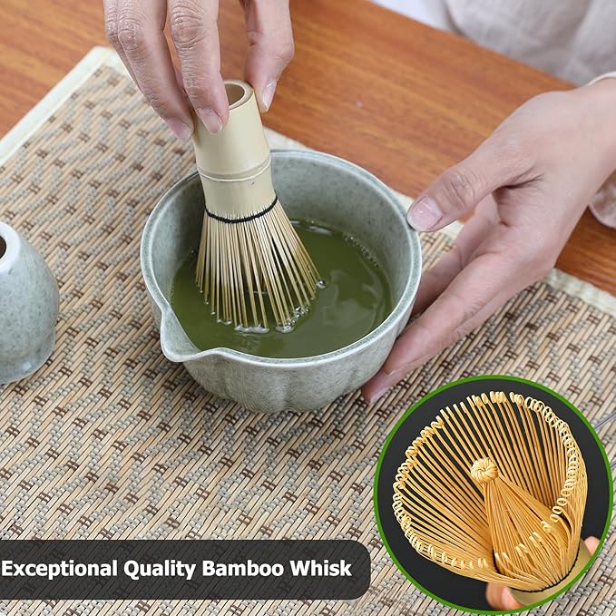 Matcha Whisk Set, 5 Pcs Matcha Set includes Matcha Whisk and Bowl with Spout, Stainless Sifter, Bamboo spoon, Ceramic Holder, 17 oz Mottled Green Glaze Ceramic Matcha Kit for Tea Lovers