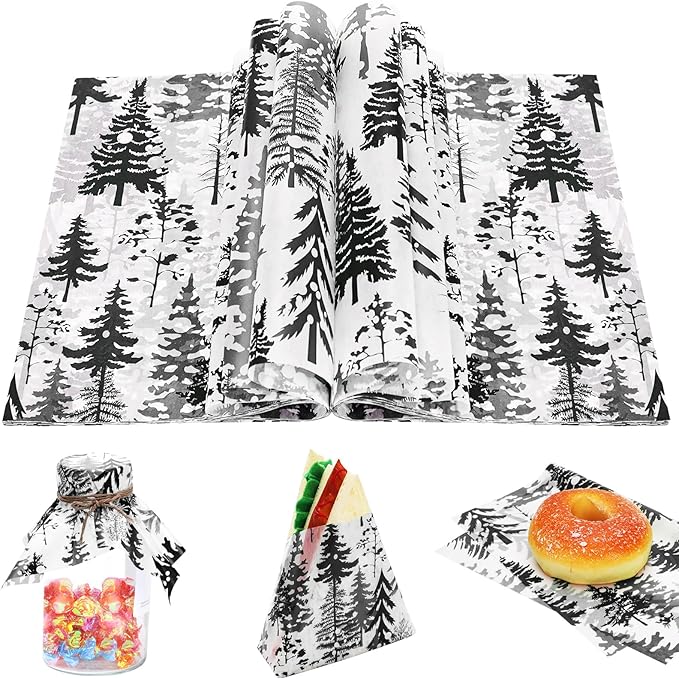 150Pcs Christmas Tree Deli Paper, 9.8 x 8.3'' Forest Grease Proof Food Deli Sheets, Resistant Sandwich Wrap Liners Greaseproof Food Wax Paper for Xmas Winter Party Supplies (Black)