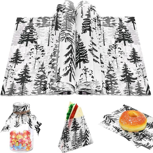 150Pcs Christmas Tree Deli Paper, 9.8 x 8.3'' Forest Grease Proof Food Deli Sheets, Resistant Sandwich Wrap Liners Greaseproof Food Wax Paper for Xmas Winter Party Supplies (Black)