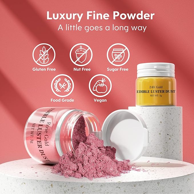 Luster Dust Edible Set - 4 Colors Food Grade Shimmer Nomeca Cake Dust Metallic Food Coloring Powder Glitter for Cake Decorating, Baking, Fondant, Gumpaste, Chocolate, Candy, Drinks, Cookie-(3g/Bottle)