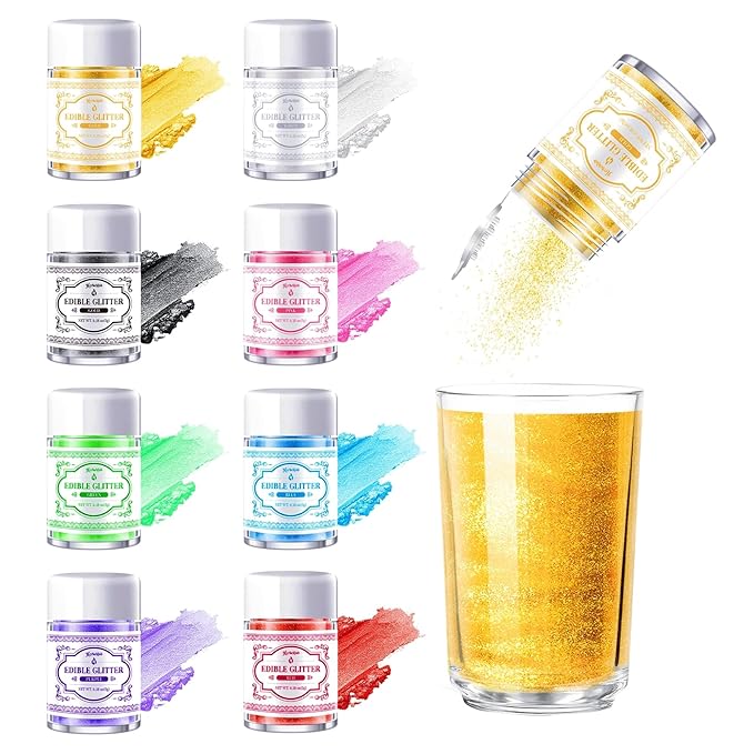 Edible Glitter for Drinks – 8 Colors Luster Dust, Food Grade Cocktail Shimmer Powder for Cakes, Beverages, Chocolate & Candy, 5g/Bottle