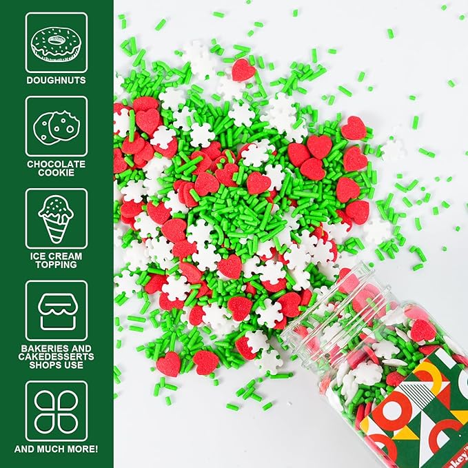 Christmas Red Heart Sprinkles for Cake Decorating 4.2 oz Edible Holiday Red Green and White Snowflake Confetti Sprinkles for Cupcake Topper Cookie Chocolate Cake Ice cream Decorations Baking Xmas Party