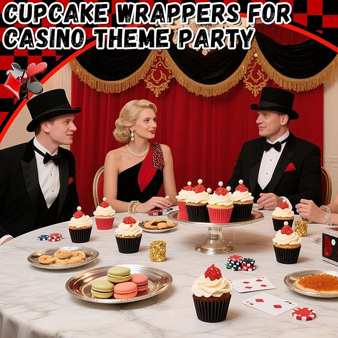 200PCS Red and Black Cupcake Liners Mini Muffin Baking Cups Wrappers for Gothic Birthday Party Supplies Disposable Cupcake Papers for Red Black Casino Theme Party Decorations