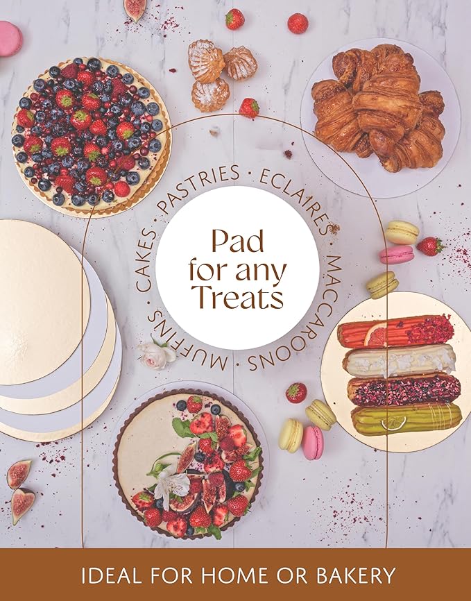 Cake Board 10 Inch Round - Oil-Proof & Sturdy Cake Base Board, Cardboard Cake Rounds Ideal As Cake Tray or Cake Disc - White & Gold 10 Inch Cake Boards