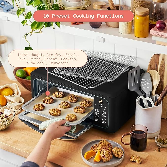 Beautiful Infrared Air Fryer Toaster Oven Kit – Special Edition Multi‑Function Countertop Oven with 10 Presets, Fast Heating & Accessories by Drew Barrymore (Black)