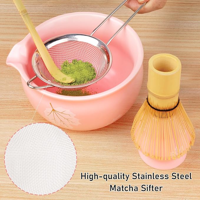 Matcha Set (8 PCS),Pink Matcha Whisk Set Inclded Ceramic Matcha Bowl and Whisk Set,Holder,Holder Mat,Bamboo Scoop,Scoop Rest,Sifter and Tea Towel,Cute Matcha Kit for Macha Lovers and Tea Ceremony