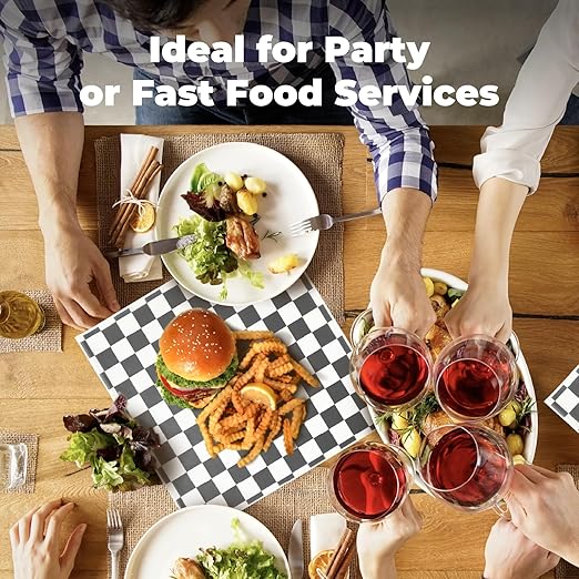 Fit Meal Prep 250 Sheets 12x12" Deli Paper, Black and White Checkered, Grease-Proof Wax Paper for Food Basket, Picnic, Burgers