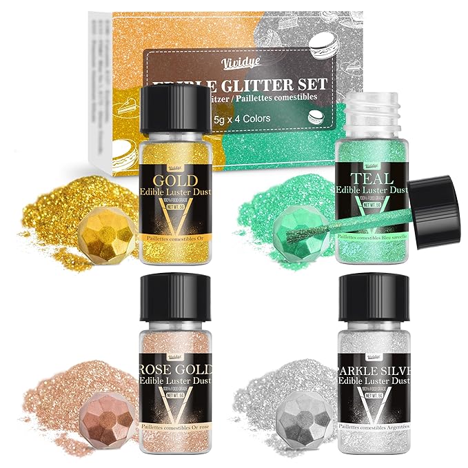 Edible Glitter - 4 Colors 5g/Bottle Luster Dust Edible Set, Food Grade Edible Glitter for Drinks, Cocktails, Cupcakes, Cookies, Candy, Glimmer Sprinkle Powder for Halloween Foods, Baking, Beverage