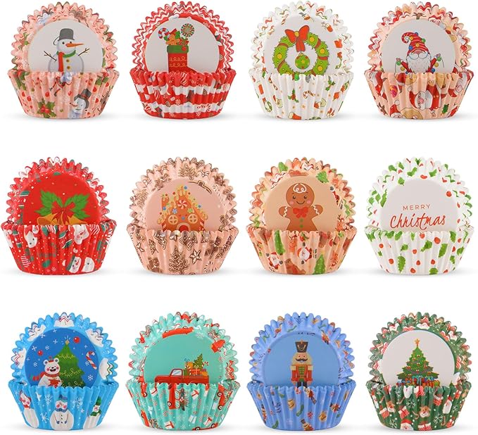 600 Pack Christmas Cupcake Liners Cupcake Wrappers Baking Cups Santa Holiday Paper Wraps Muffin Liners for Xmas Birthday Party Candy Cake Decorations Supplies(12 Styles)
