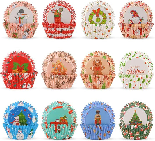 600 Pack Christmas Cupcake Liners Cupcake Wrappers Baking Cups Santa Holiday Paper Wraps Muffin Liners for Xmas Birthday Party Candy Cake Decorations Supplies(12 Styles)