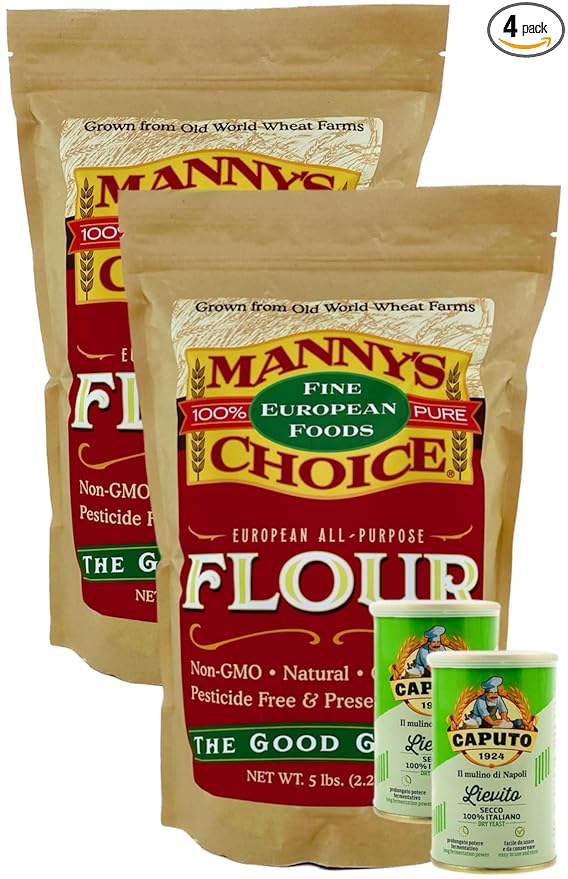 Manny's Choice Natural All Purpose Unbleached Italian Artisan Wheat Flour Type 0 for Baking 5 lb Plus Caputo Italian Yeast 2 Pack | Bread Flour | Cake Flour | Pizza Flour | Pasta Flour | Pastry Flour